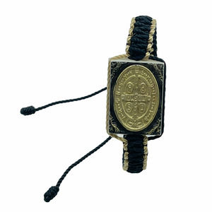 St Benedict Handmade Bracelet Black Knotted Rope Adjustable Resin Pendant NEW
